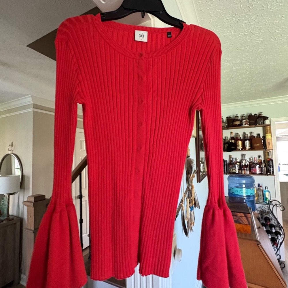 Cabi Trumpet Cardigan Womens Size Small Red Ribbed Knit Snap Front Style 5285